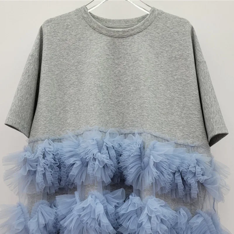 HKSH Summer New Women Chic Dress Mesh Spliced Contrast Color 0-neck Short Sleeve T-shirt Sweet High Street Casual Dresses HK9420