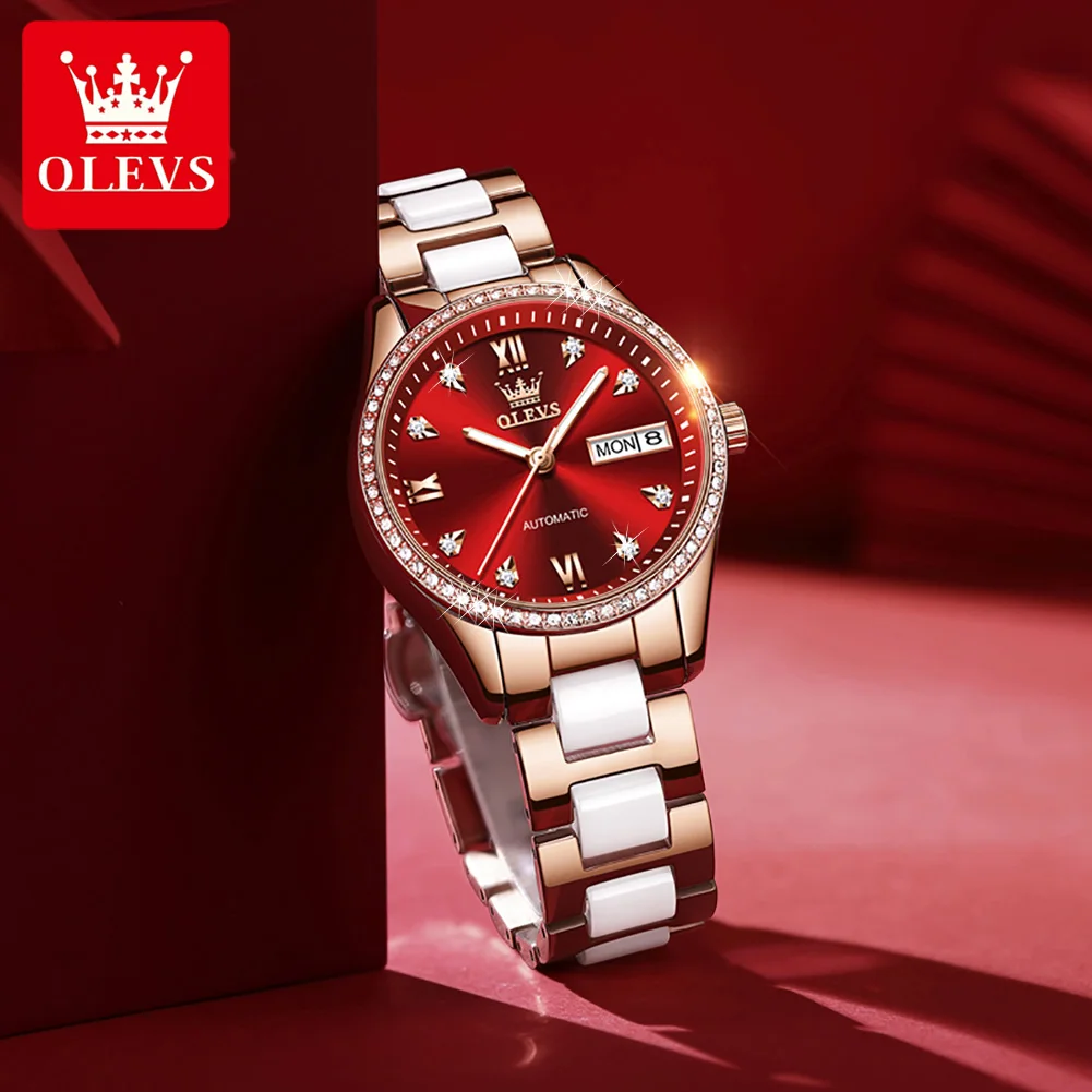 OLEVS 6637 Elegant  Automatic Watch for Women Dual Calendar Full Diamond Bezel Luminous Ladies Mechanical Wristwatch Luxury