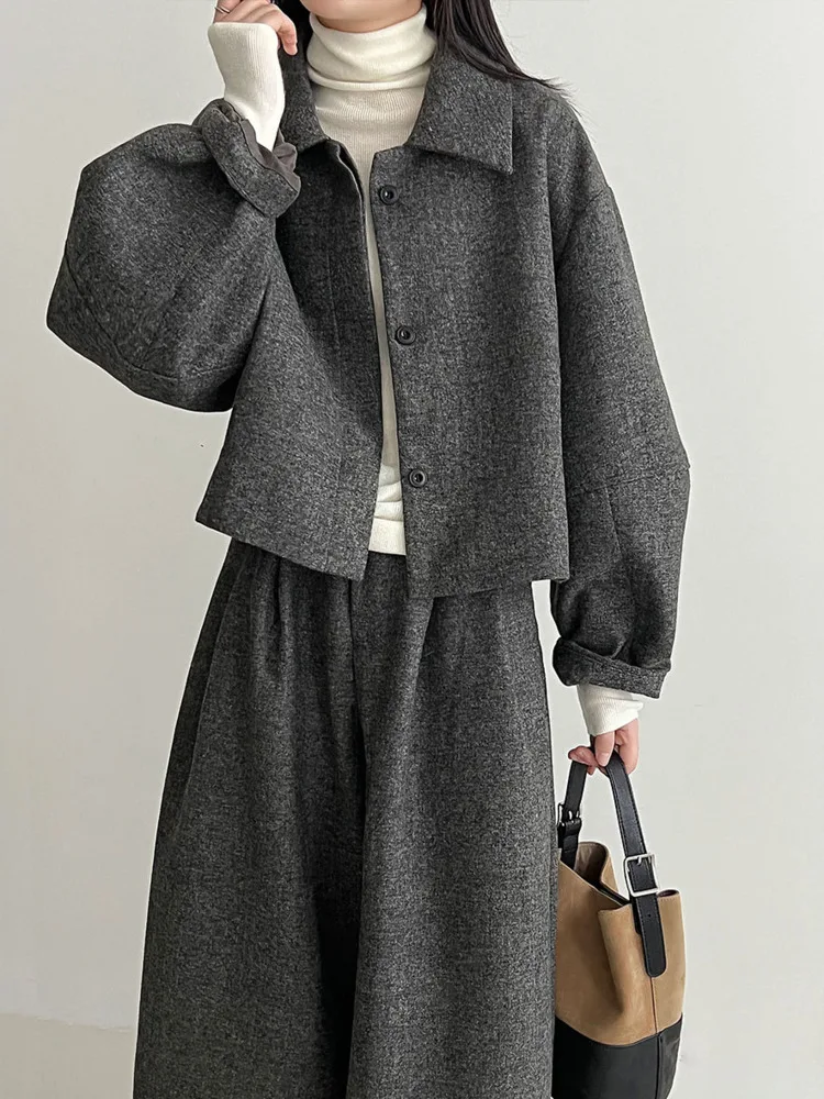 WHTREND 2-delige sets voor dames mode turn-down kraag wollen jas jas + rechte wijde pijpen broek herfst winter nieuwe WH1851