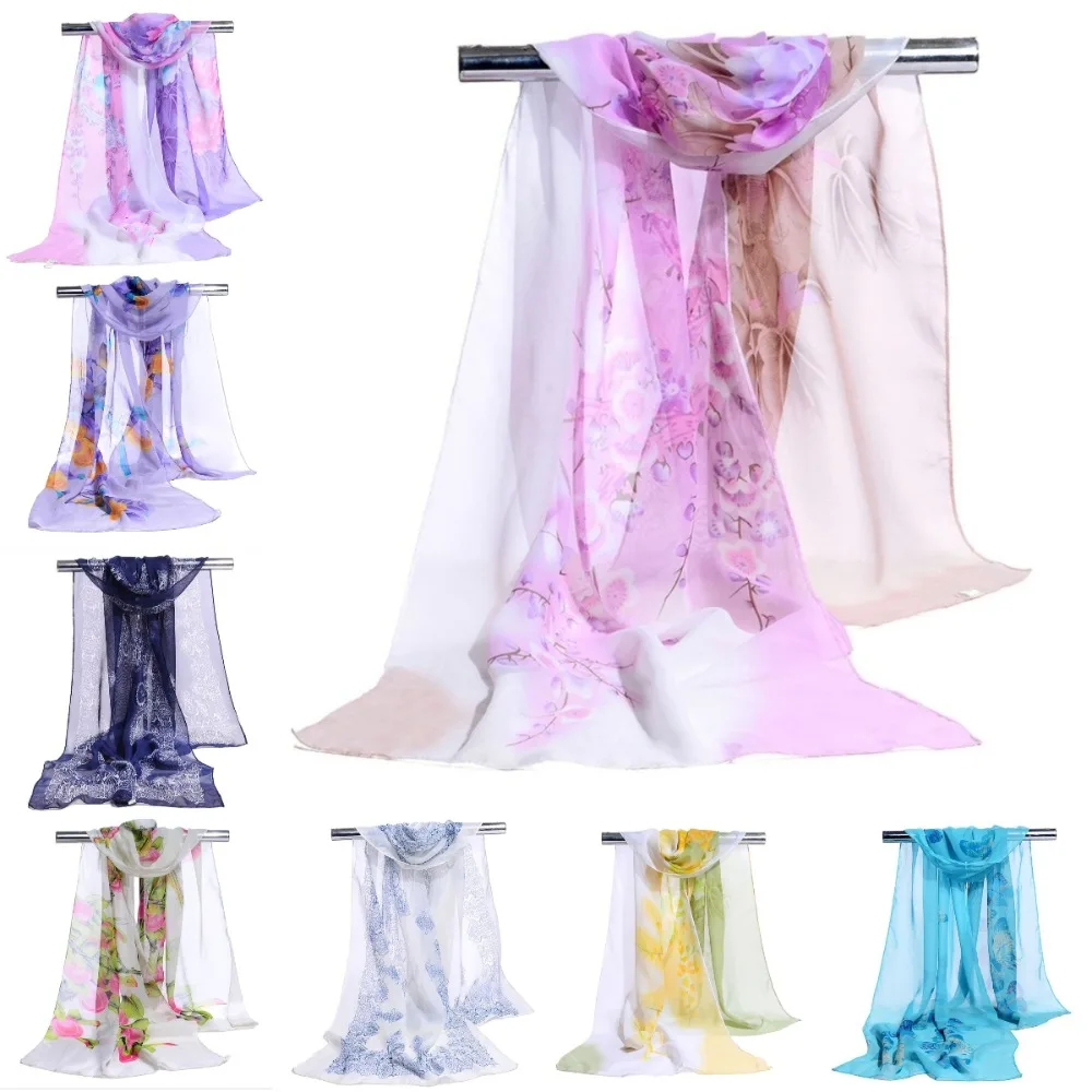 

Fashion Flower Print Long Chiffon Scarf Sun Protection Soft Wrap Shawl Silk Butterfly 10 Colors Wrap Hijab Women