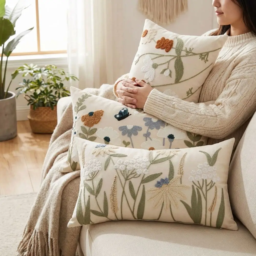 

Pastoral Floral Embroidered Cushion Cover Canvas Square Decorative Pillow Case Soft Texture Wear Resistant Throw Pillowcase
