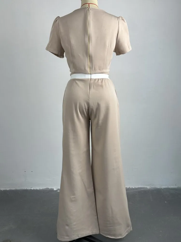 Conjuntos de dos piezas lisos para mujer, traje informal con cuello redondo y manga abombada y pantalones de pierna ancha con cordones, novedad de
