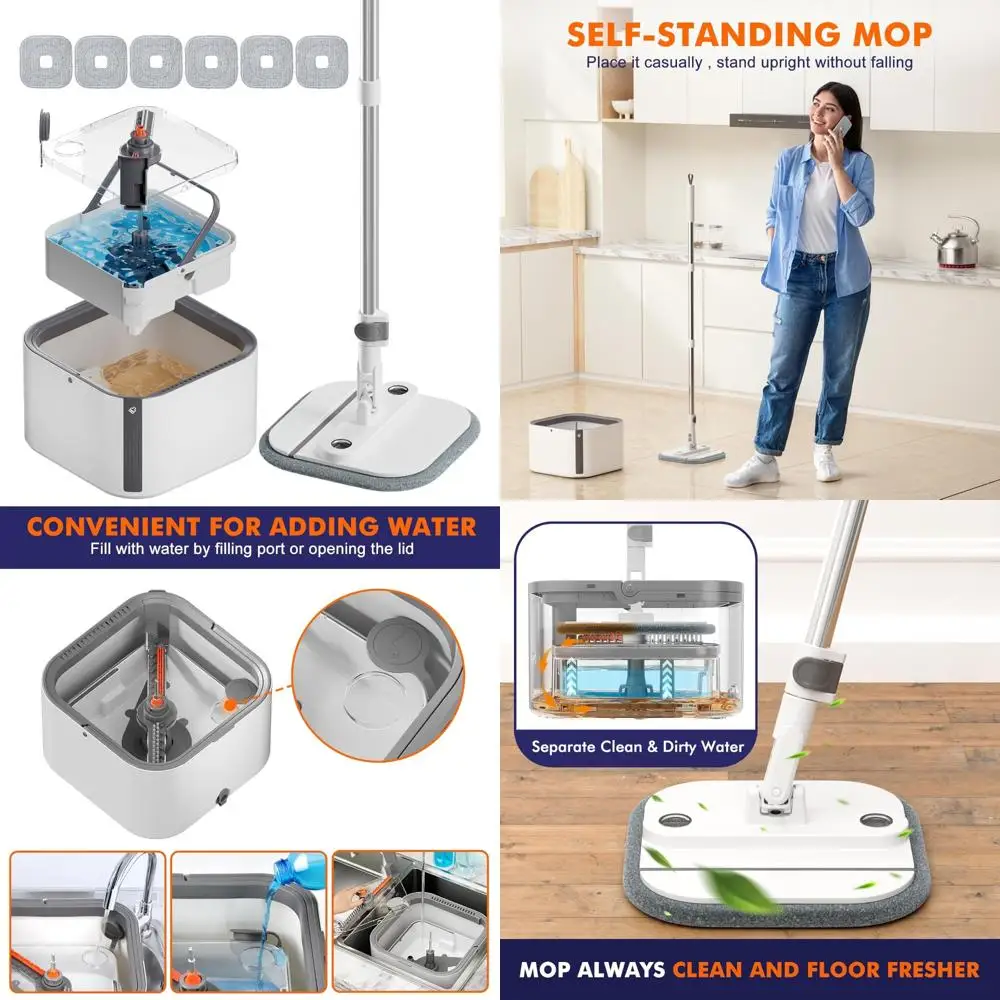 

Self-Standing Spin Mop System with Detachable Bucket for Dirty Water Separation and 90° Foldable Head for Easy Cleaning