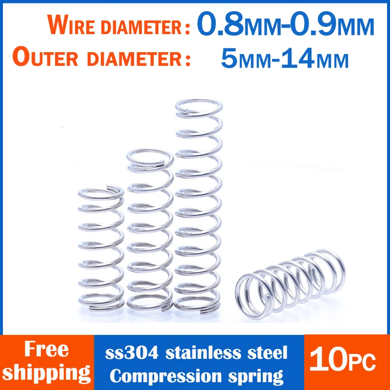 10pc 304 Stainless Steel Compression Spring Wire Diameter0.8-0.9,Outer Diameter5-14,Minispring Mini Spring  Helical Spring