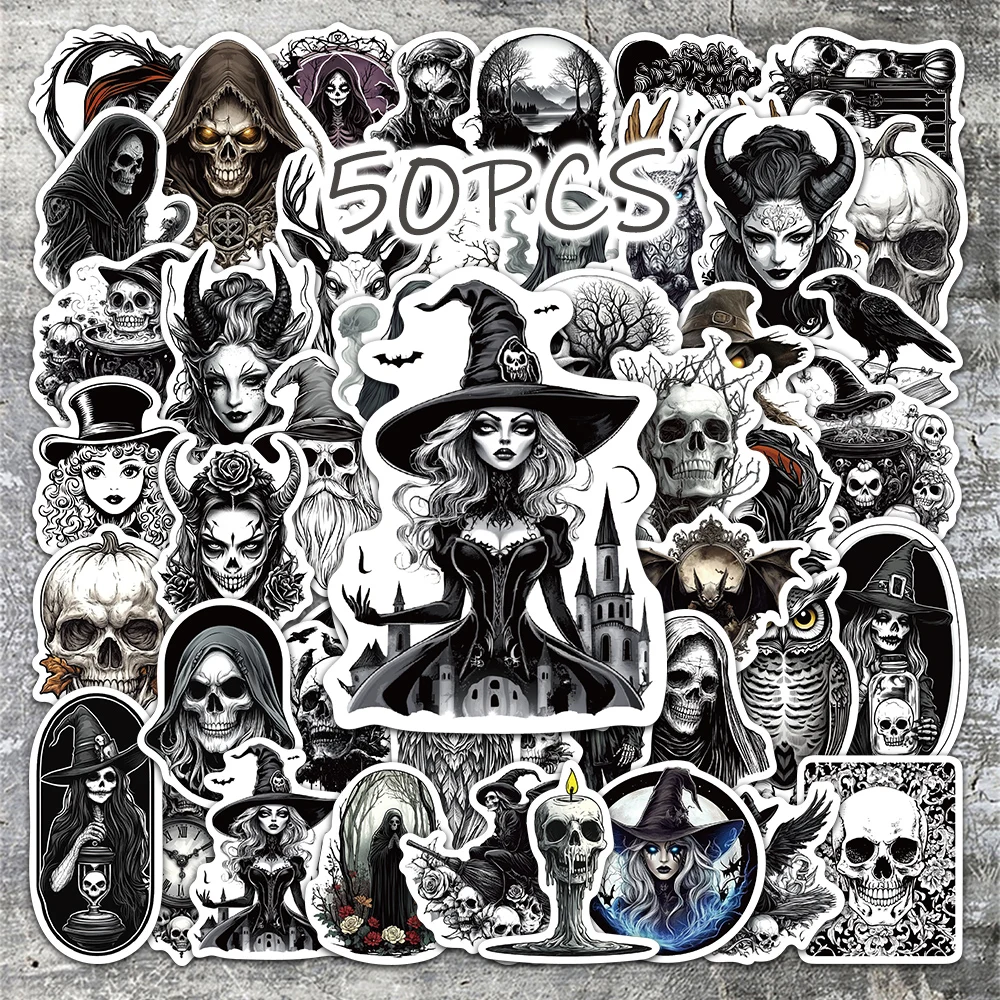 

50pcs retro Gothic skull and witch decorative stickers for New Year gift party decals Back to school laptop cellphone case