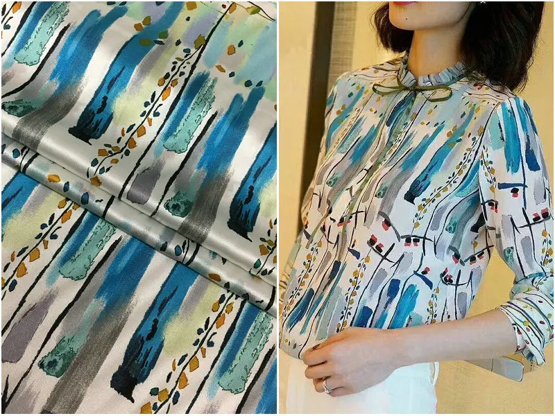 Graffiti Geometric Printing Fresh Blue 19mm Heavy Weight High Quality Silk Dress Pinted Fabric for Clothing Diy Designer Fabrics