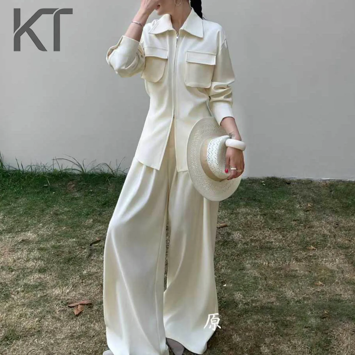 

Kt 2026 New Women's Two Piece Set Utility Zip Up Shirt Jacket + Wide Leg Pants Set Casual Loose Cream Matching Sets