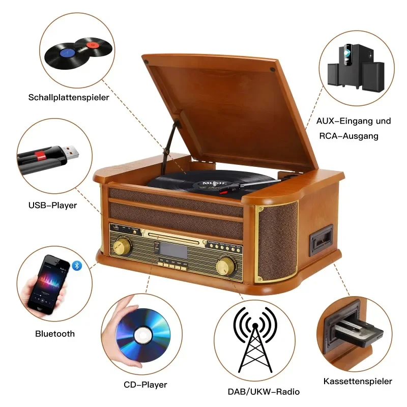 Nieuwste 2024 Model Nostalgische Vinyl Draaitafel Speler Usb Cd Tape Spelen Fonograaf Houten Am Fm Radio Bluetooth Record