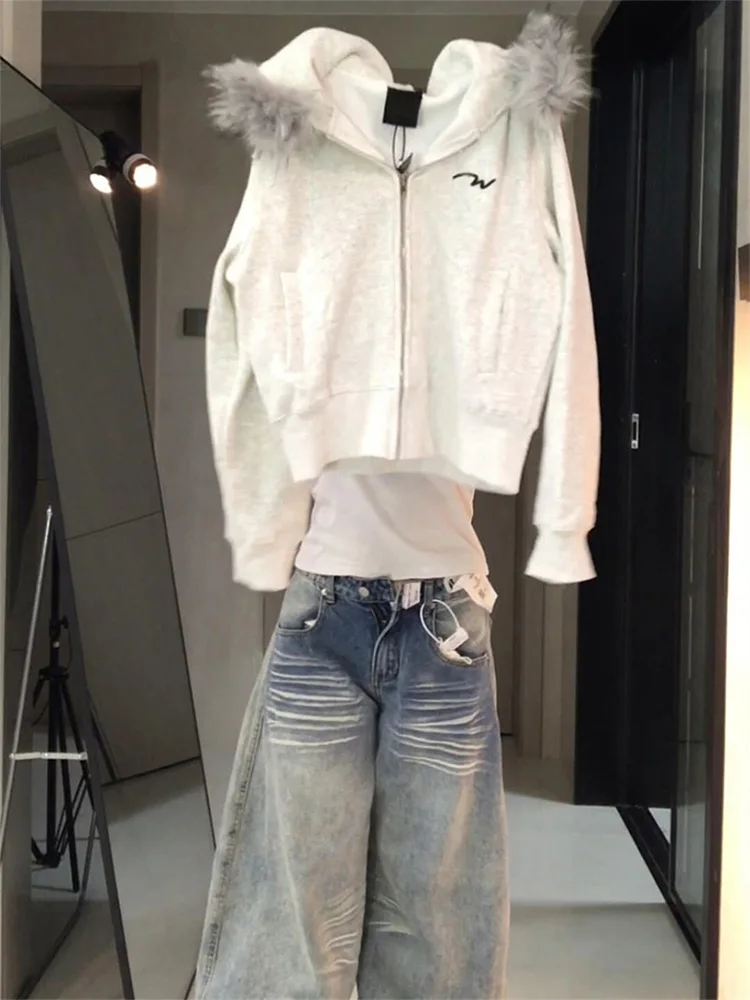 Americano retro ort gola de pele jaet feminino outono inverno thiened solto com capuz zíper cardigan camisola