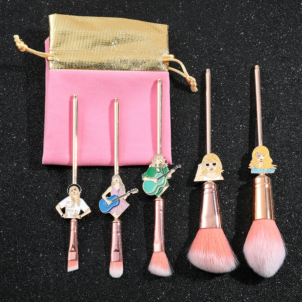 5Pcs Rose Gold Famous Singer Taylors Creative Makeup Brushes Set for Women Teen Girls Birthday Wedding Party Favors Gifts