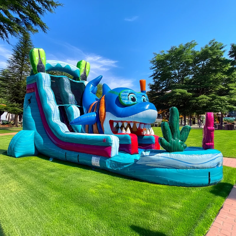 18FT Inflatable Shark Water Slide Single Lane Slide a Splash Bounce with Pool Inflatable Bouncy Castle Slide Outdoor for Party