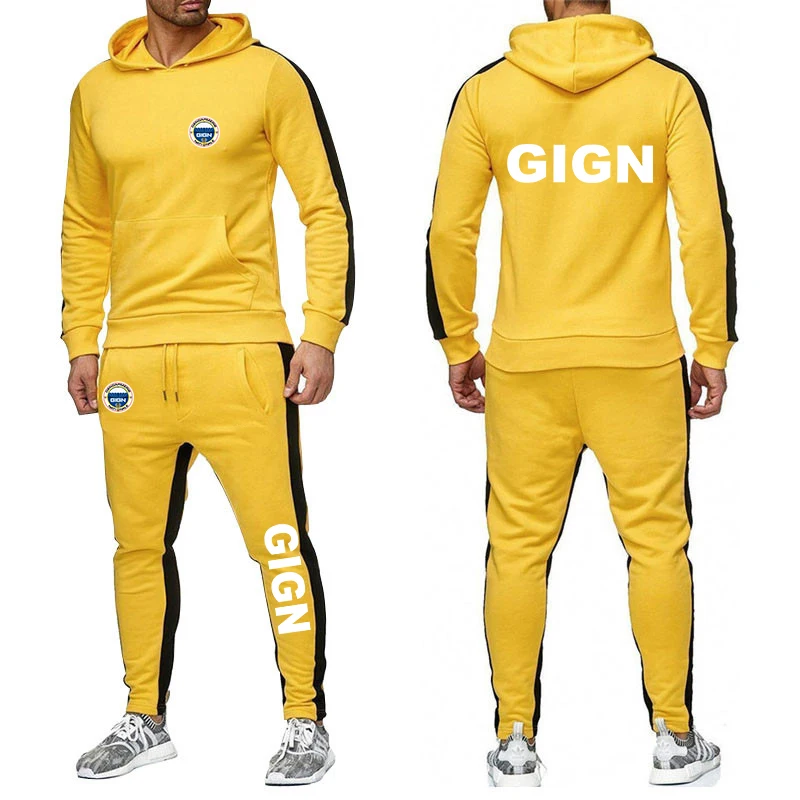 Heren Frankrijk Gendarmerie Gign Herfst Effen Kleur Capuchon Sweatshirt Pak 2-delige Set Sportieve Joggingbroek Casual Stijl Set