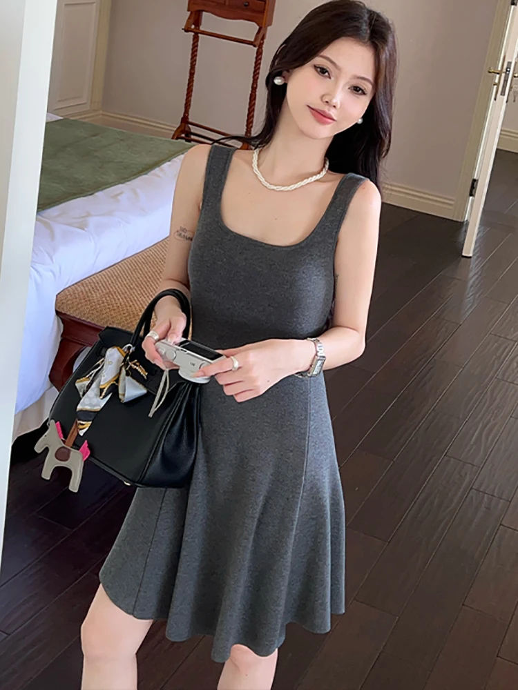 فستان قصير مثير بياقة مربعة محبوكة سادة لعام 2025 فستان نسائي أنيق غير رسمي مكشكش على شكل حرف a فستان صيفي كوري ضيق #6