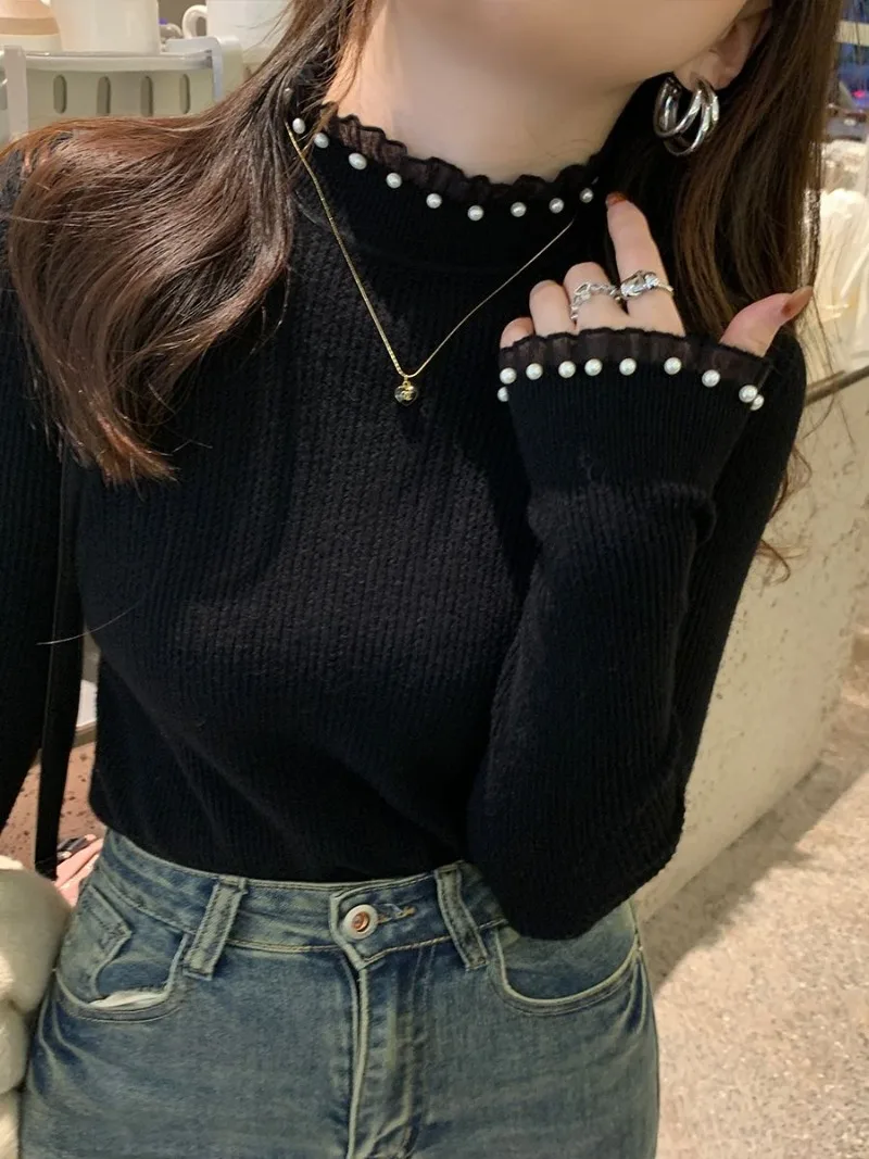 Half High Collar Jumper Pull Femme Pullover Sweater Women Jersey Black Lace Shirts Sueter Mujer 2024 Autumn Winter New Slim Tops