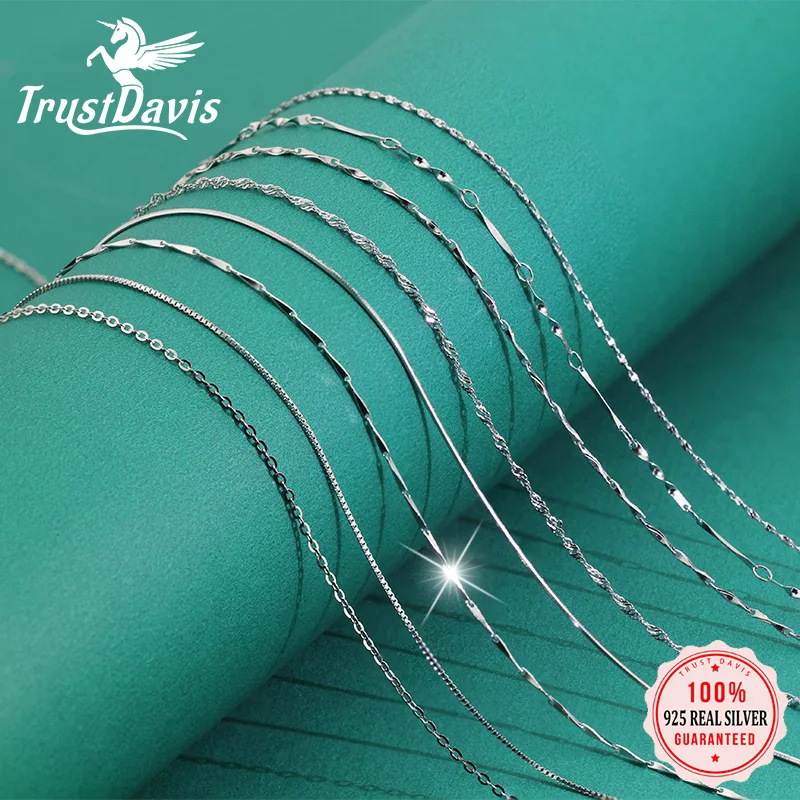 Trustdavis Genuine 925 Sterling Silver Water-wave Snake Box Chain For Woman 40cm/45cm 0.7/0.8mm