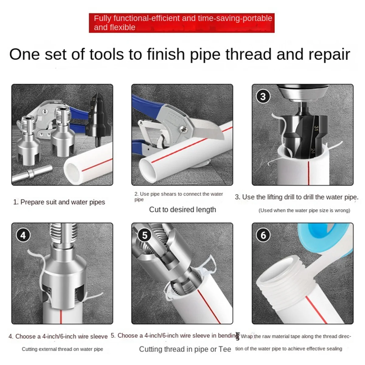 A002 1/2 Inch 3/4 Inch PPR Pipe Complete Threading Kit with Internal External Taps Dies Reamer Pipe for DN15 DN20 Plumbing