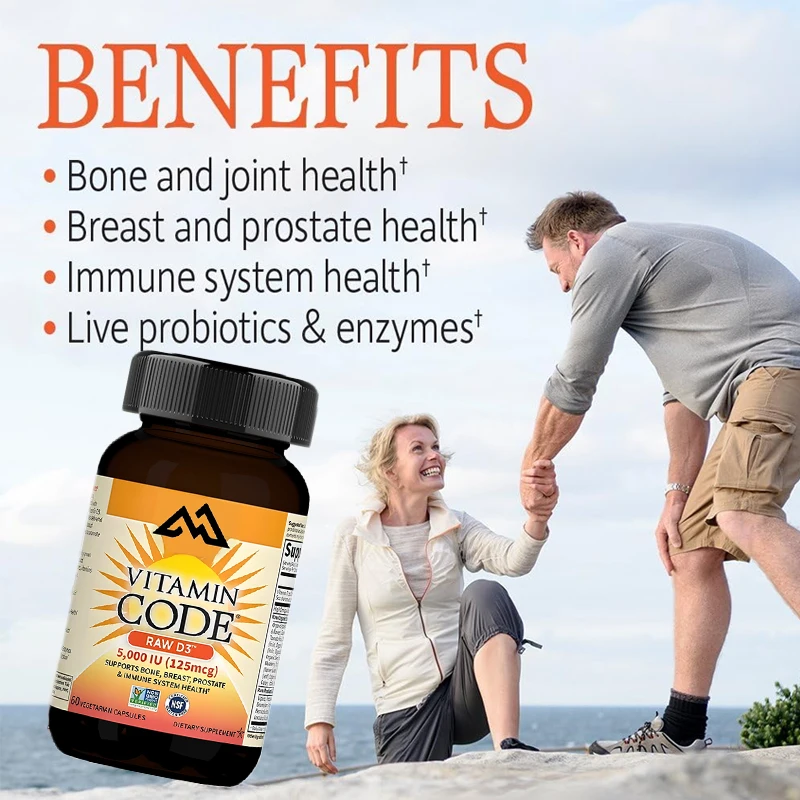 

Vitamin D 5000 IU capsules, containing Chlorella vulgaris, fruits, vegetables, and probiotics, promote bone and immune health