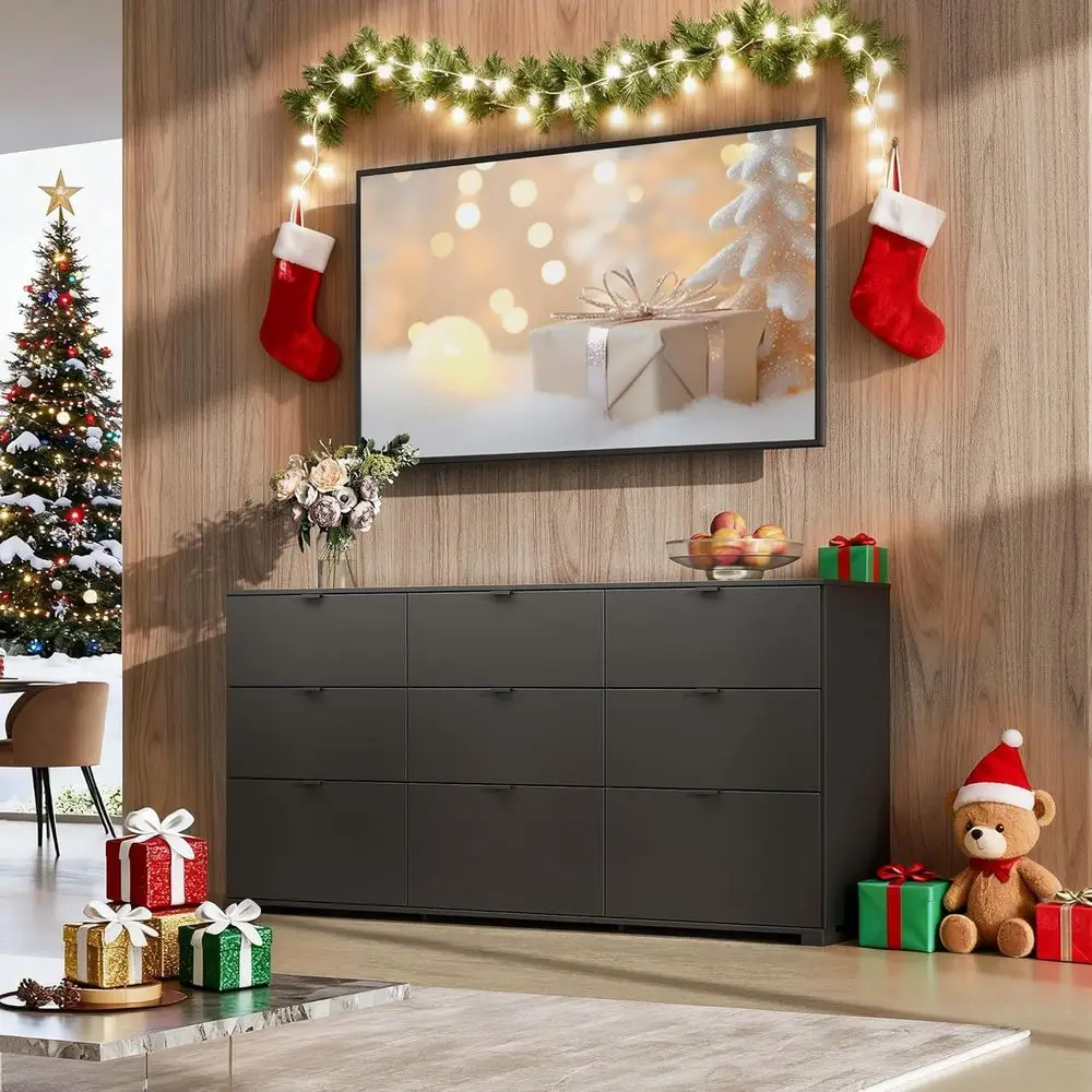 Cómoda grande de madera negra de 63 anchos para almacenamiento en dormitorio con asas de metal y toboganes con rodamientos de bolas