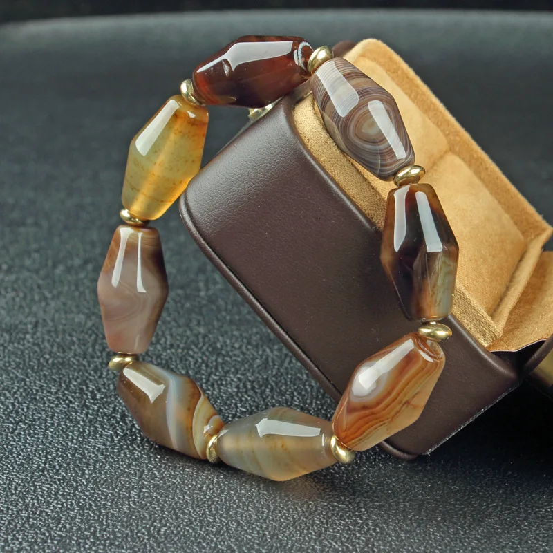 Brazilian , , Large Men's Bracelet, Coffee-Colored with Sharp Edges and White Silk Agate