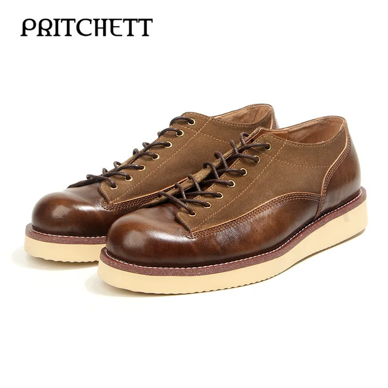 

Suede Leather Stitching Shoes Big Round Toe Lace-Up Genuine Leather Retro Shoes Personality Casual Thick-Soled Men's Shoes