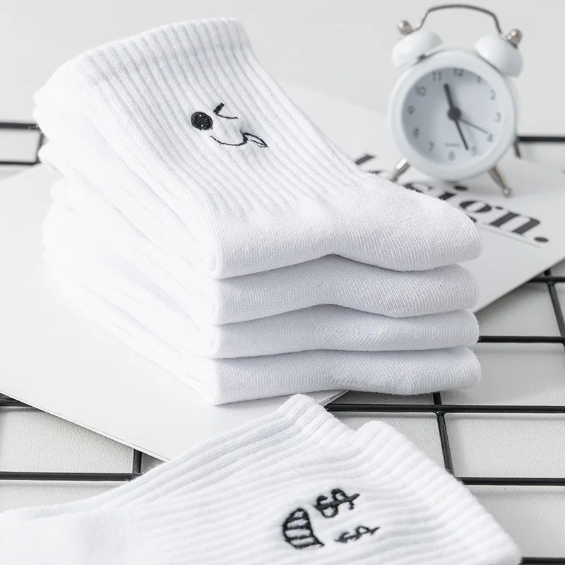 5 Pairs lady Cartoon Socks Round Neck Mid Tube Fashionable Cute Expression Pattern Socks Casual Breathable Autumn Women's Socks