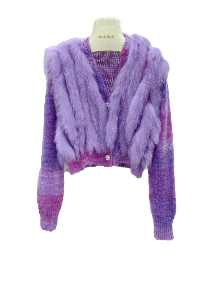 High-End Real Fox Fur Patchwork Short Purple Knitted Cardigan Coat Women's Luxury Fur Sweater Jacket 2022 Autumn Winter Sweater