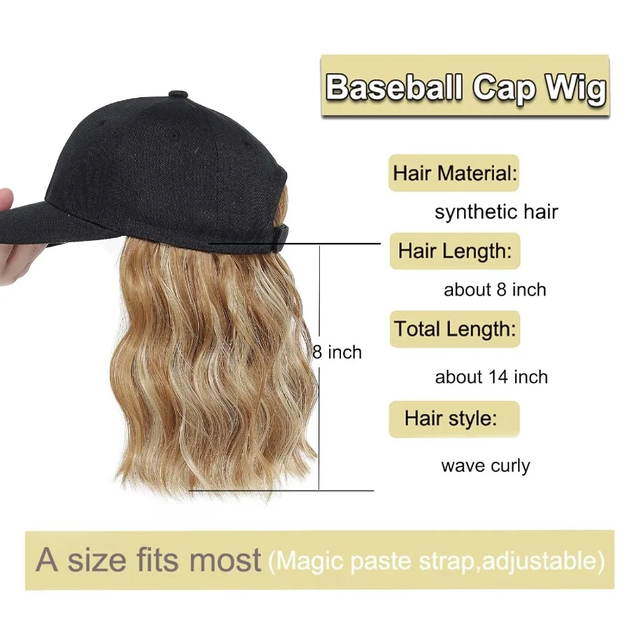 باروكة قبعة بيسبول قابلة للتعديل مع وصلات شعر مموجة طبيعية للنساء، قطعة شعر صناعية مجعدة ومموجة مثالية لـ Ev