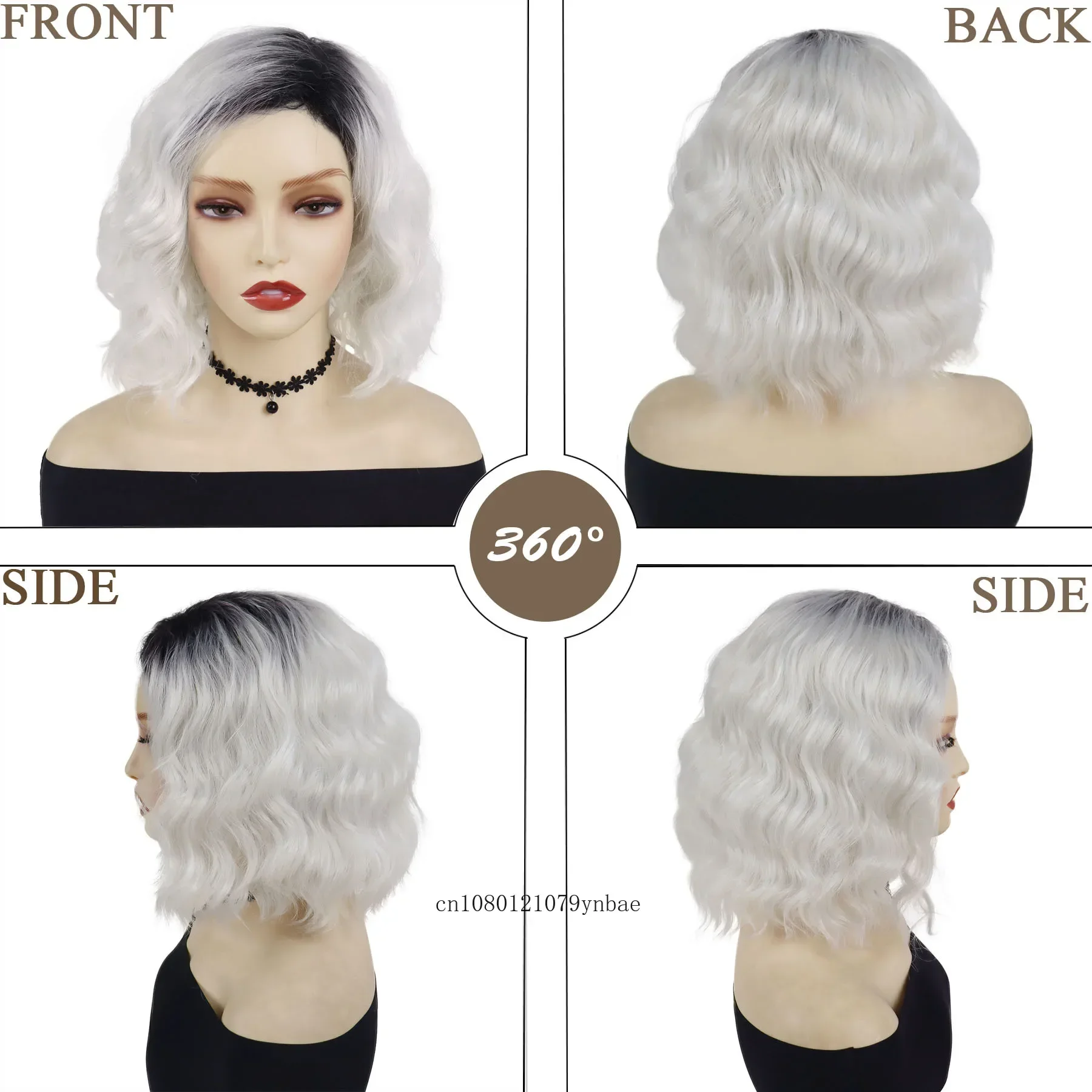 Parrucche sintetiche Ombre bianche per donne Ragazze Parrucca corta ondulata con radice scura con frangia Cosplay quotidiana Anime Costume Party dall'aspetto naturale