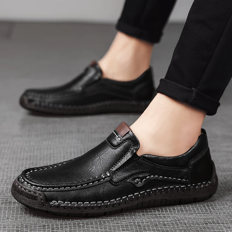 2024Natural Leather Shoes Men Loafers Waterproof Autumn Casual Shoes Flats Anti-slip Rubber Breathable Comfort Walking Men Shoes