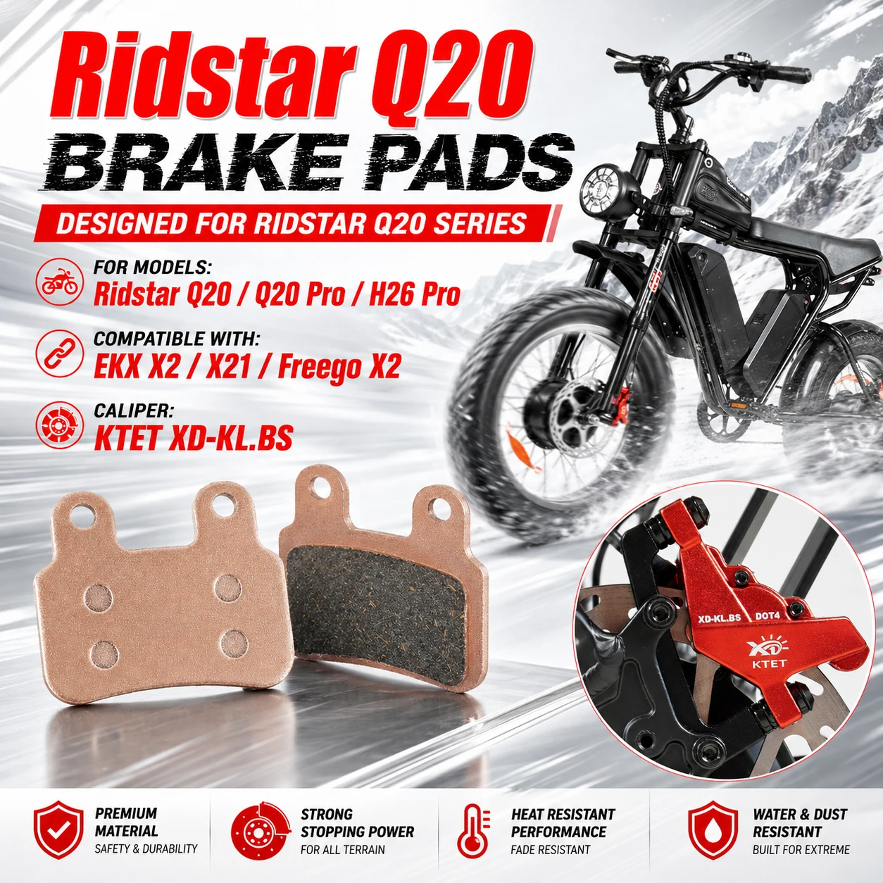 

Ridstar Q20 Brake Pads Semi-Metallic 2 Pairs for KTET XD-KL.BS 2 Piston Caliper Ebike Motorbike Disc Brake