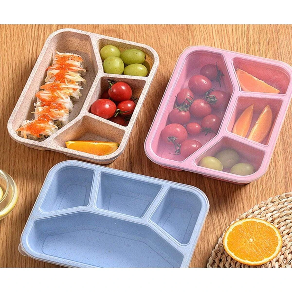 1 Pc Wheat Straw Fiber Lunch Box, Four-Compartment Separate Sealed Student Lunch Box, Environmental Hygiene Bento Box