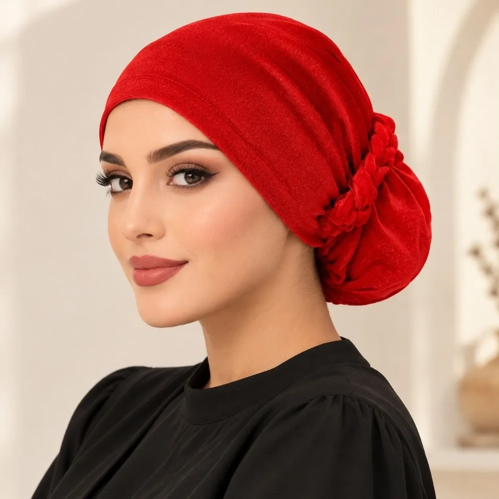 Solid Color Velvet Turban Hat Soft Elastic Braided Texture Muslim Headscarf Cap Pull-Out Design Breathable Instant Hijab Bonnet