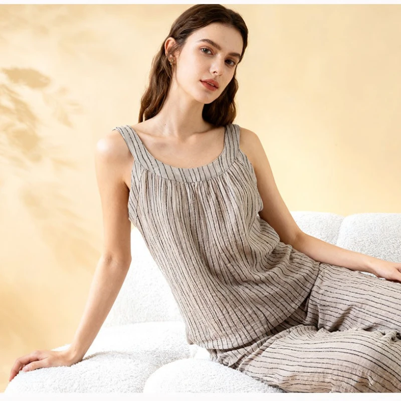 Women's 100% Cotton Striped Sleeveless Pajama Set, Ultra-Soft Breathable Loose Fit Tank Top & Long Pants for Summer
