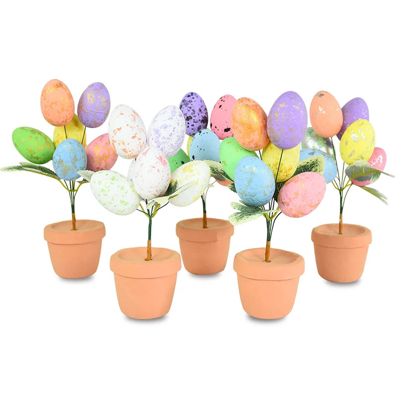 Artificial Easter Flower Pot 6 Pcs Easter Eggs and Green Leaves Decorative Speckled Easter Foam Egg for Spring Easter Decor