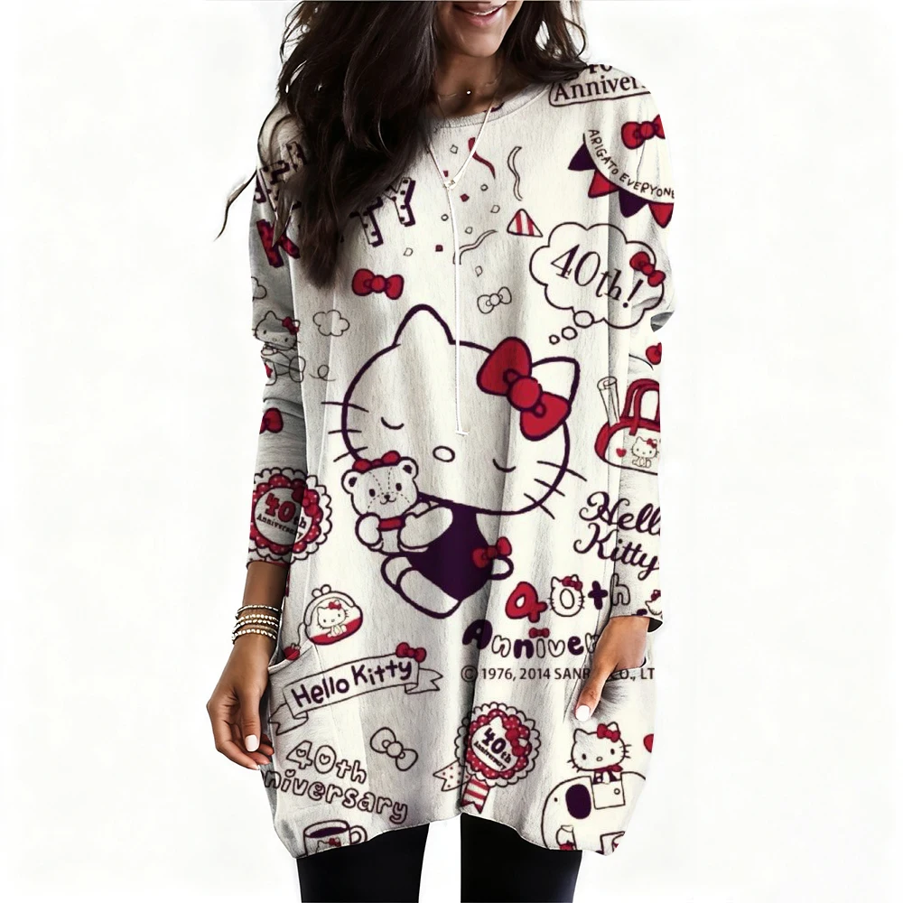 Damska koszulka z długim rękawem z nadrukiem gitary elektrycznej Hello Kitty firmy Sanrio, casualowa, modna na wiosnę/lato, wzór Y2K, z kieszenią.