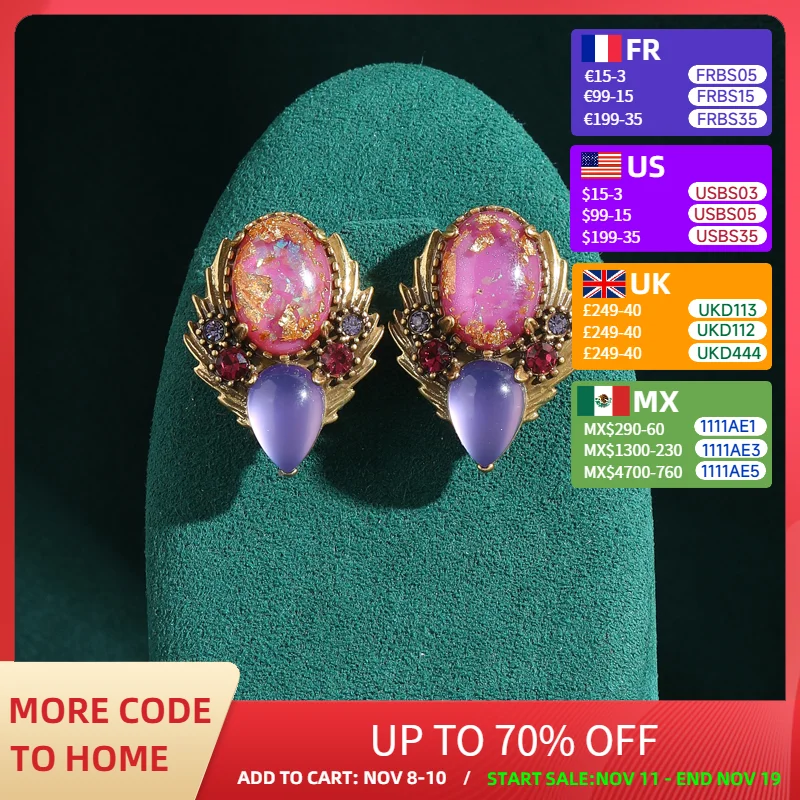 

Роскошные серьги-гвоздики из фольги цвета античного золота с фиолетовым овальным камнем и цветком для женщин, простые винтажные ювелирные изделия с каплями воды и кристаллами в Корейском стиле