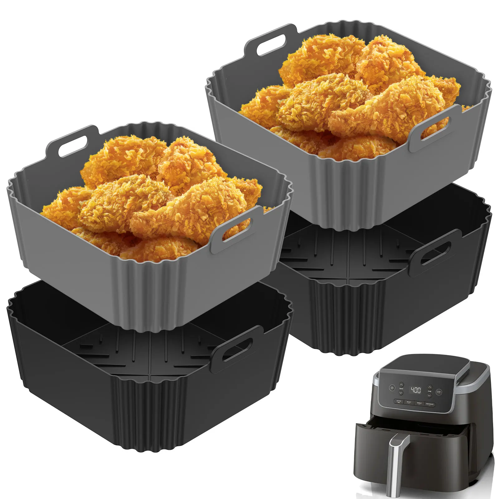Silikon-Luftfritteuse, Topftablett, quadratische Luftfritteuse-Backform, wiederverwendbare Luftfritteuse-Einlage für Küche, Backen, Küche, Kochzubehör