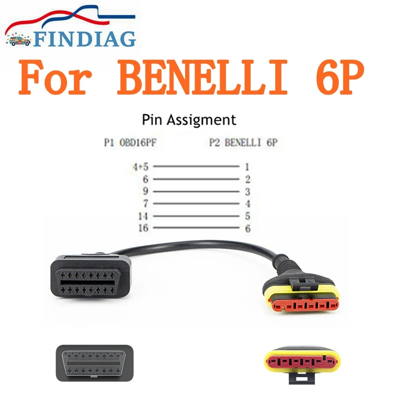 

10PCS/Lot Latest For Benelli 6 Pin Motorcycle Diagnostic Cable Motorbike 16 Pin OBD2 Adapter Connector TRE1130K TRE899K TNT1130