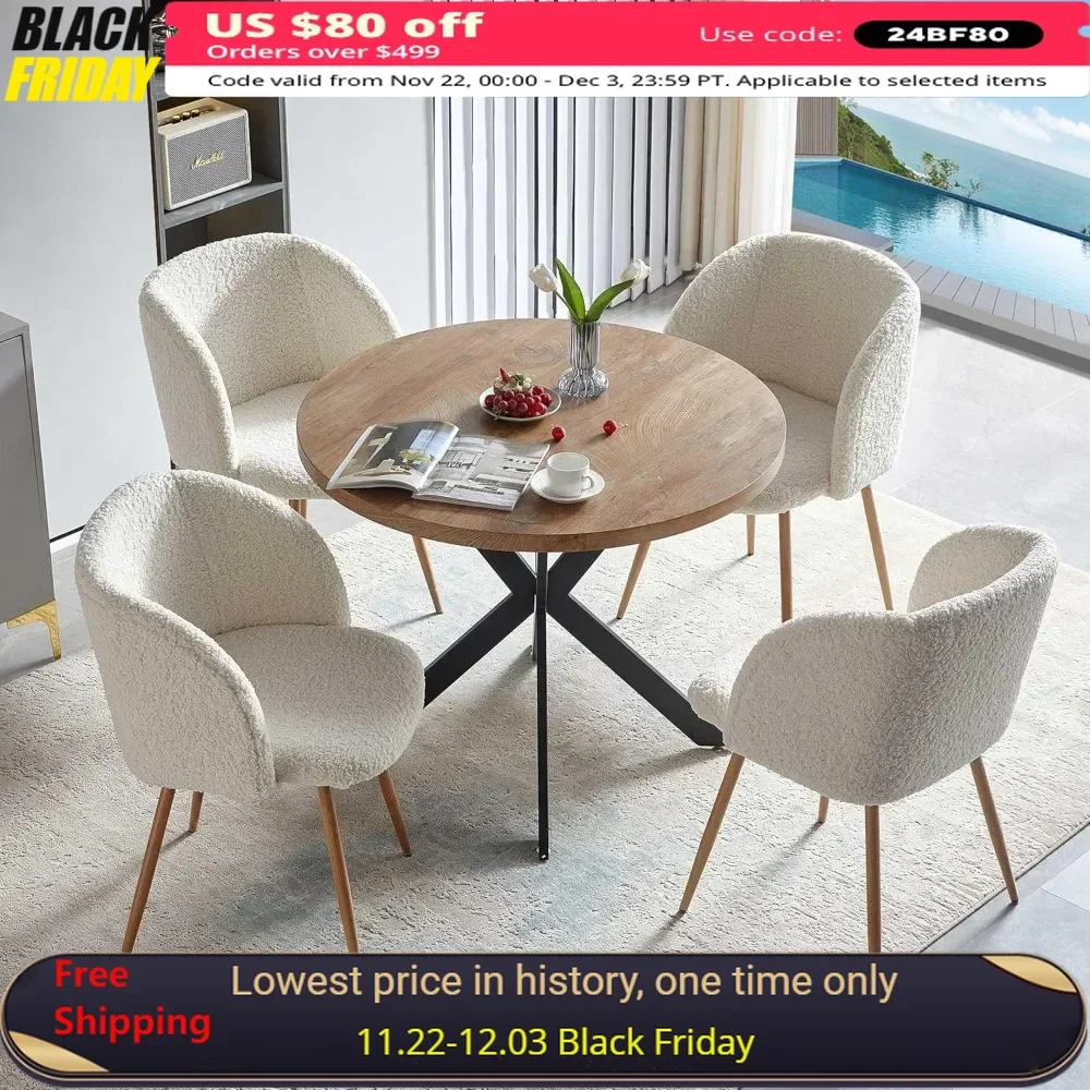 

5 Pieces Dining Room Sets, 37-Inch Round Table, MDF Table-top, Faux Fur Armchairs with Wood Grain Metal Leg, Dining Room Sets