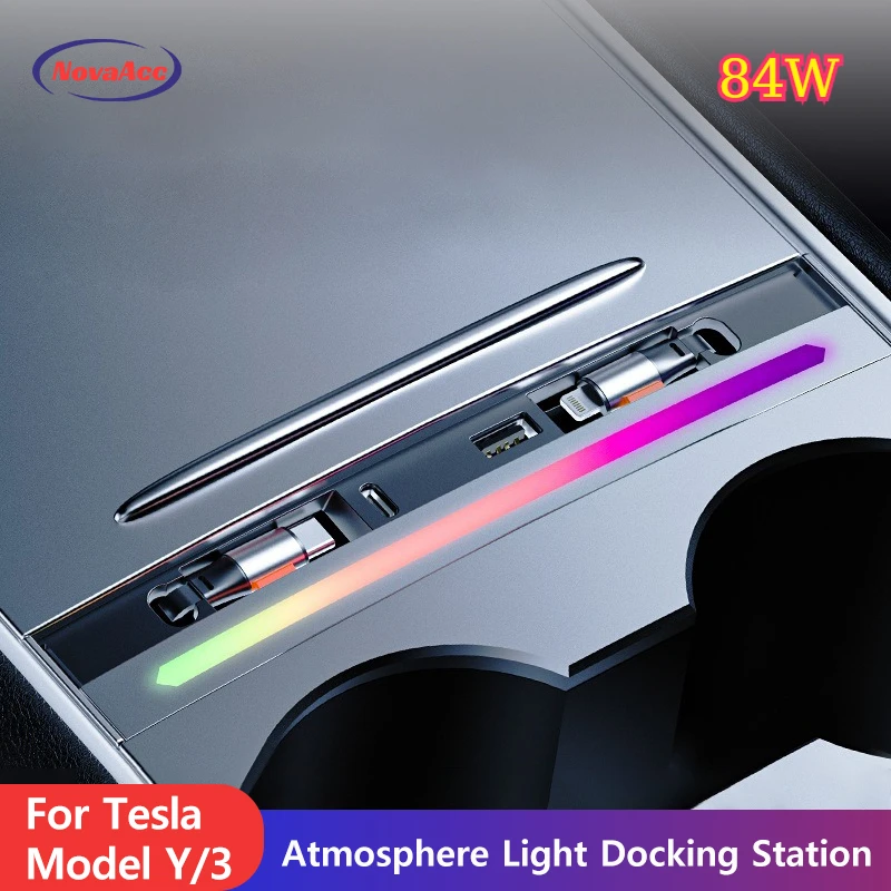 

NovaAcc Center Console 84W Colorful Retractable Docking Station USB Hub Fast Charger for Tesla Model 3 2021-2023 Y 2021-2025