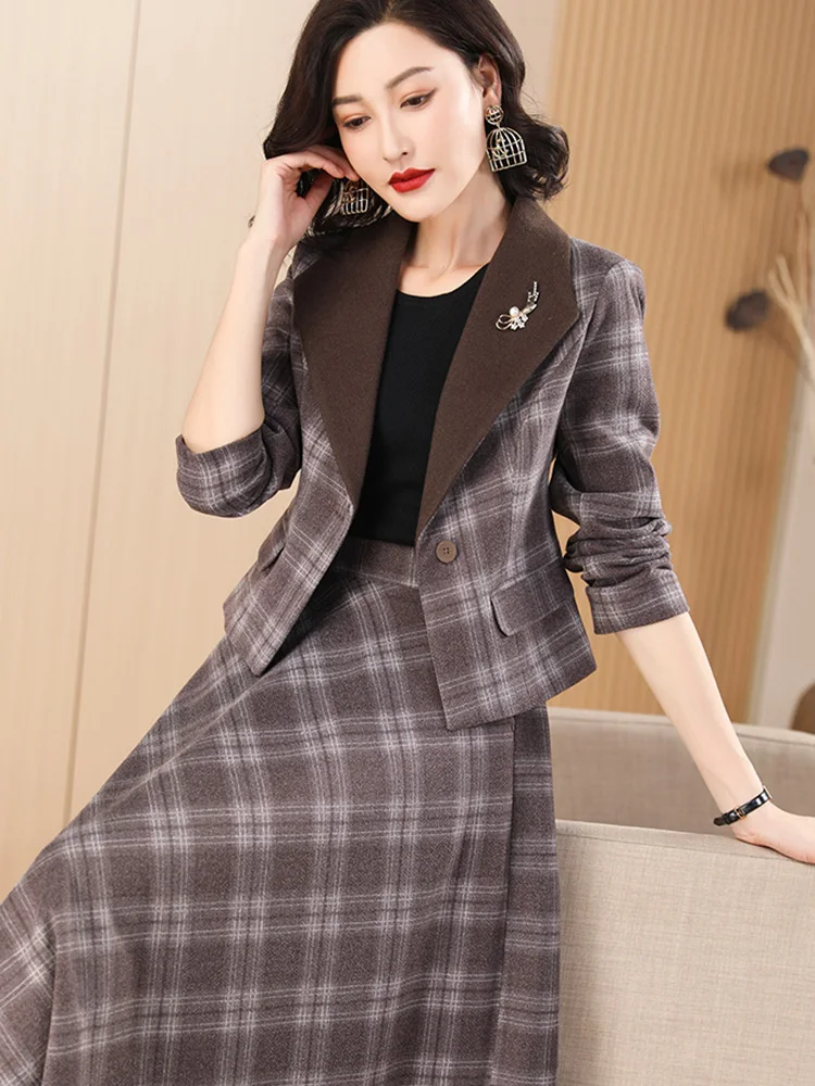 New Women Woolen Skirt Suits Spring Autumn Fashion Turn-down Collar Slim Suit Jacket And Empire Wait Long Skirt Two-pieces Set