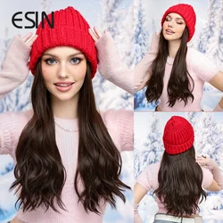 ESIN Hat Wigs Long Wavy Hair Black Wigs With Baseball Cap Synthetic Fiber Hair Wigs With Cap For Women Girls Winter Daily Use