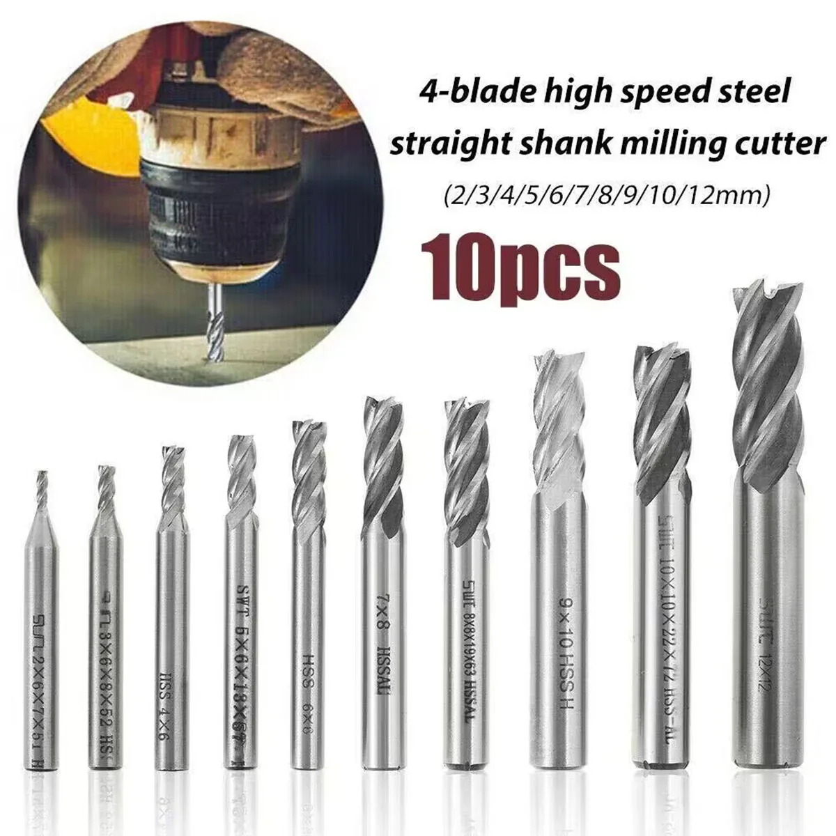 

10x 4 Slot Flute 2-12mm End Mill Cutter Drill Bit CNC Milling HSS Straight Shank