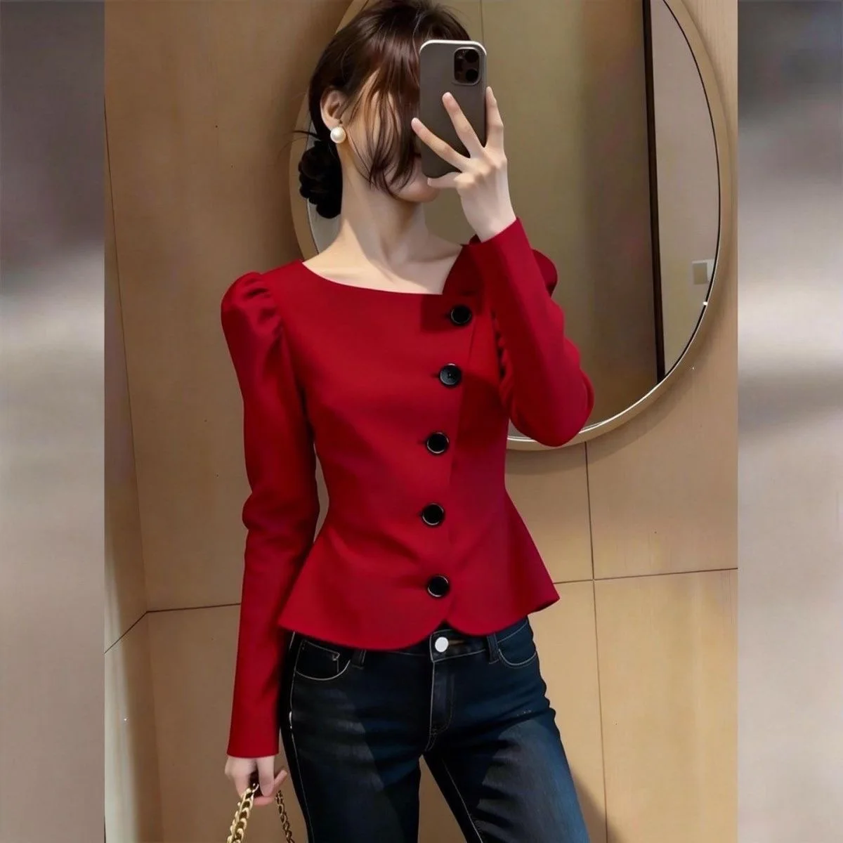 

Elegant Red Bubble Sleeve Button up Top for Women Commute Style Multi-Button Design White Enhancing Spring New Arrival