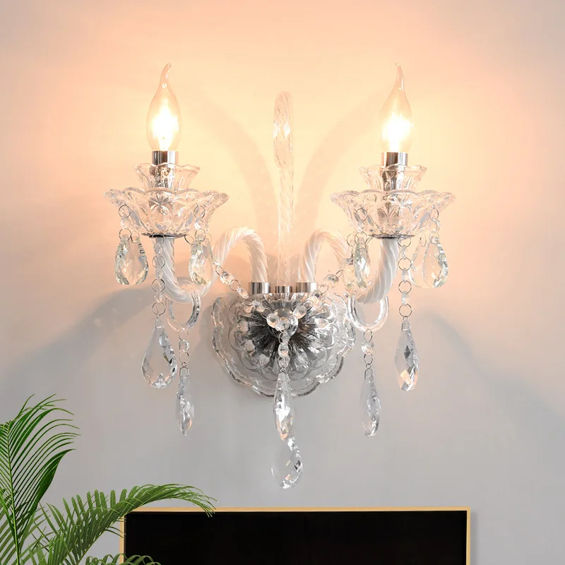 Crystal Candlestick Wall Lamp Bedroom Bedside Restaurant Wall Light French Luxury Tricolor Mood Lights Electroplating LED Lamps