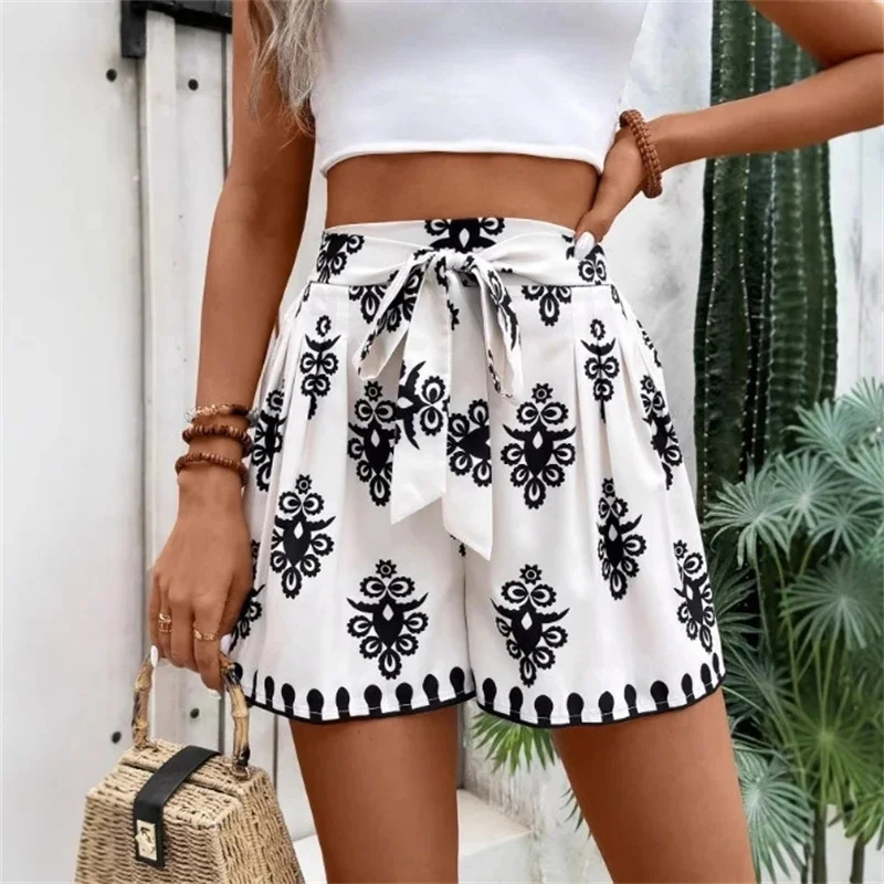 Women's Bohemian Printed High Waist Wide Leg Shorts Tie Belt Slim Casual Versatile Summer Trousers