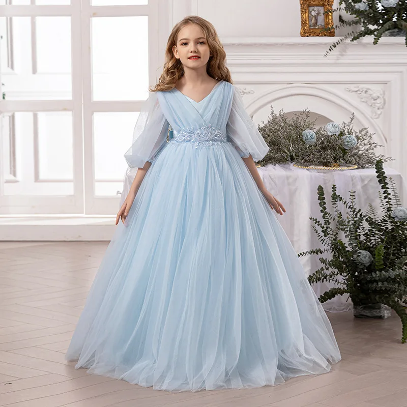 Baby Kids Princess Tulle Beading Bow Flower Girl Dress Children First Communion Dress Ball Gown Wedding Party Dress Birthday view 2