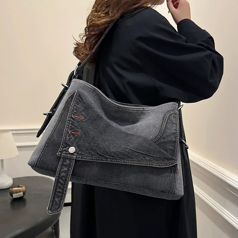 Denim grande capacidade bolsa de ombro feminina moda feminina 2024 nova alta qualidade casual retro bolsa de viagem