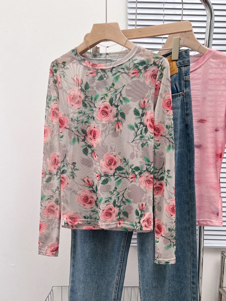 Letnia koszulka damska w stylu retro z nadrukiem, dopasowany krój, długi rękaw, okrągły dekolt, ochrona przed słońcem, lekka, designerska...