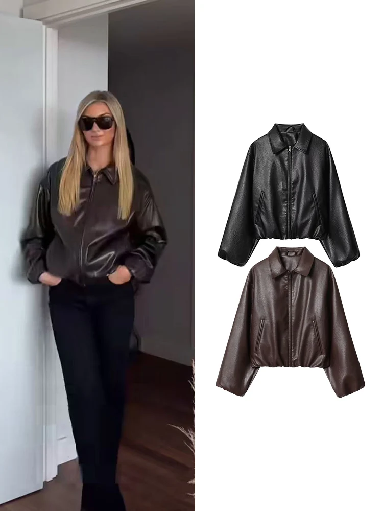 

Короткая куртка из искусственной кожи в стиле ретро для женщин, шикарные куртки на молнии с лацканами и длинными рукавами, осень 202, женская повседневная свободная уличная верхняя одежда